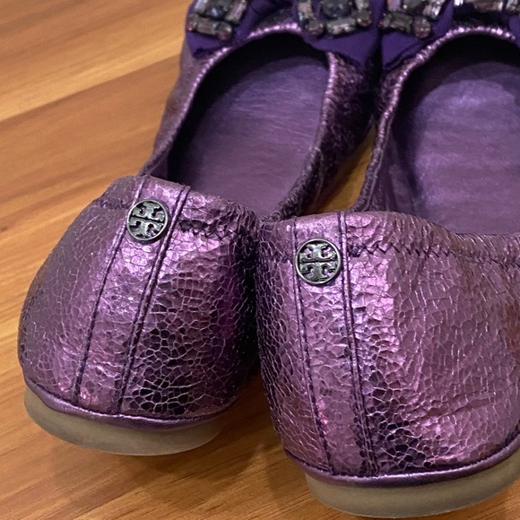 TORY BURCH Azalea Jeweled Bow Metallic Purple Ballerina Ballet Flats Size 8.5M - Picture 6 of 16